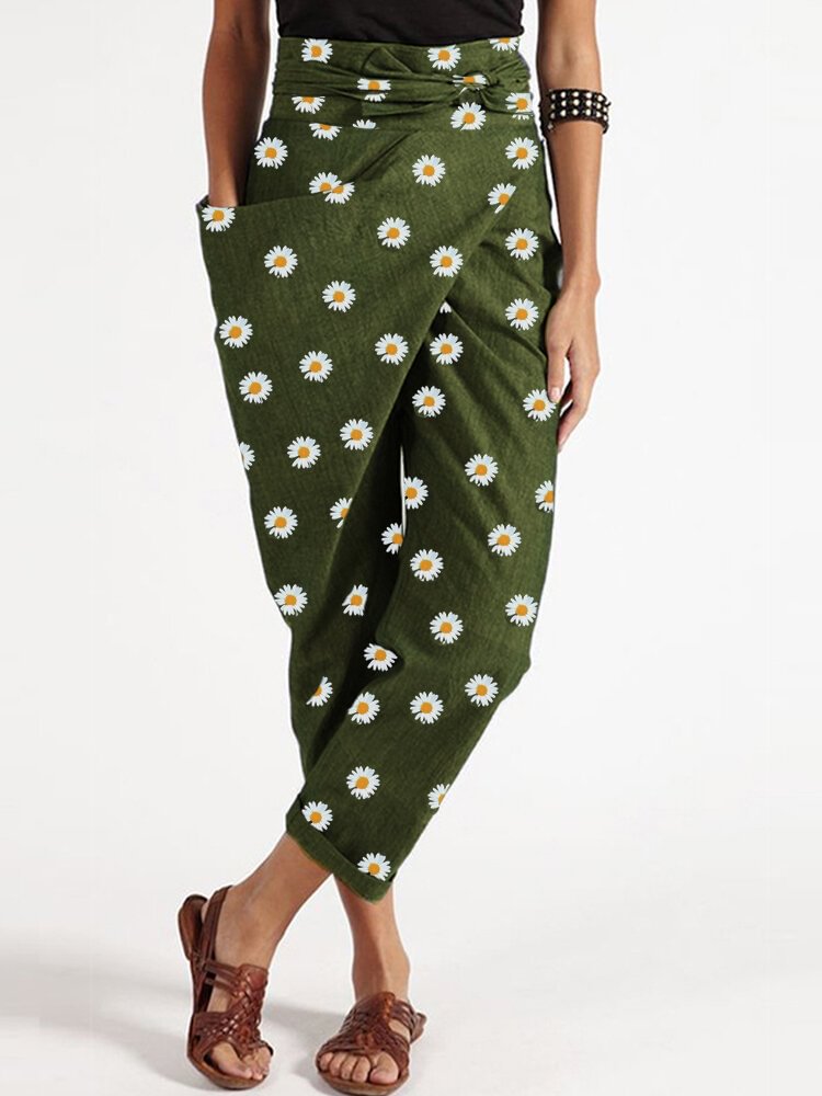 Women's Daisy Floral Print Belt Harem Pants With Pocket