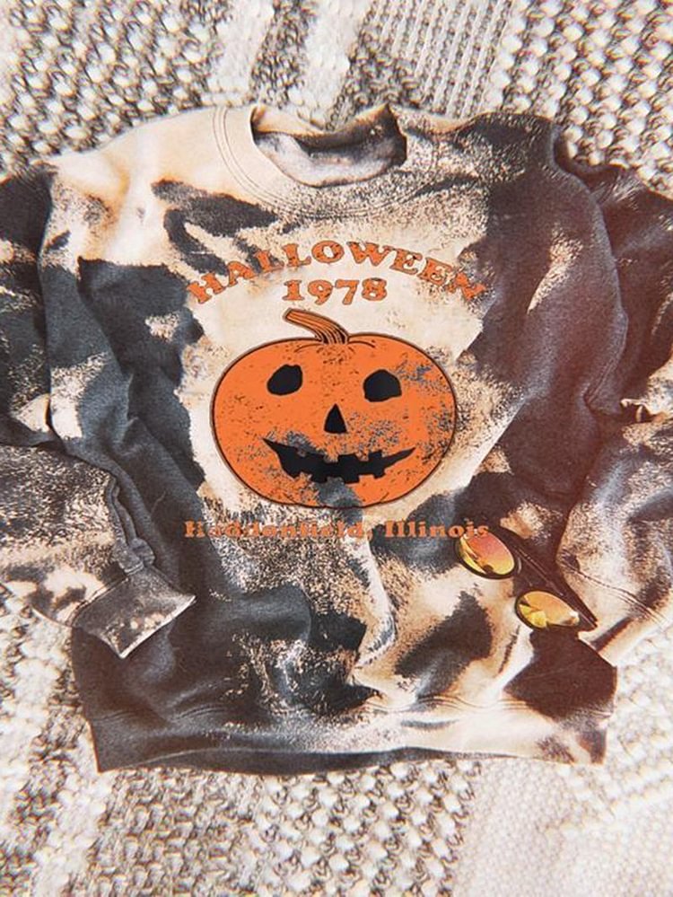 Pumpkin Print Halloween Crew Neck Tie-dye Sweatshirt-Mayoulove
