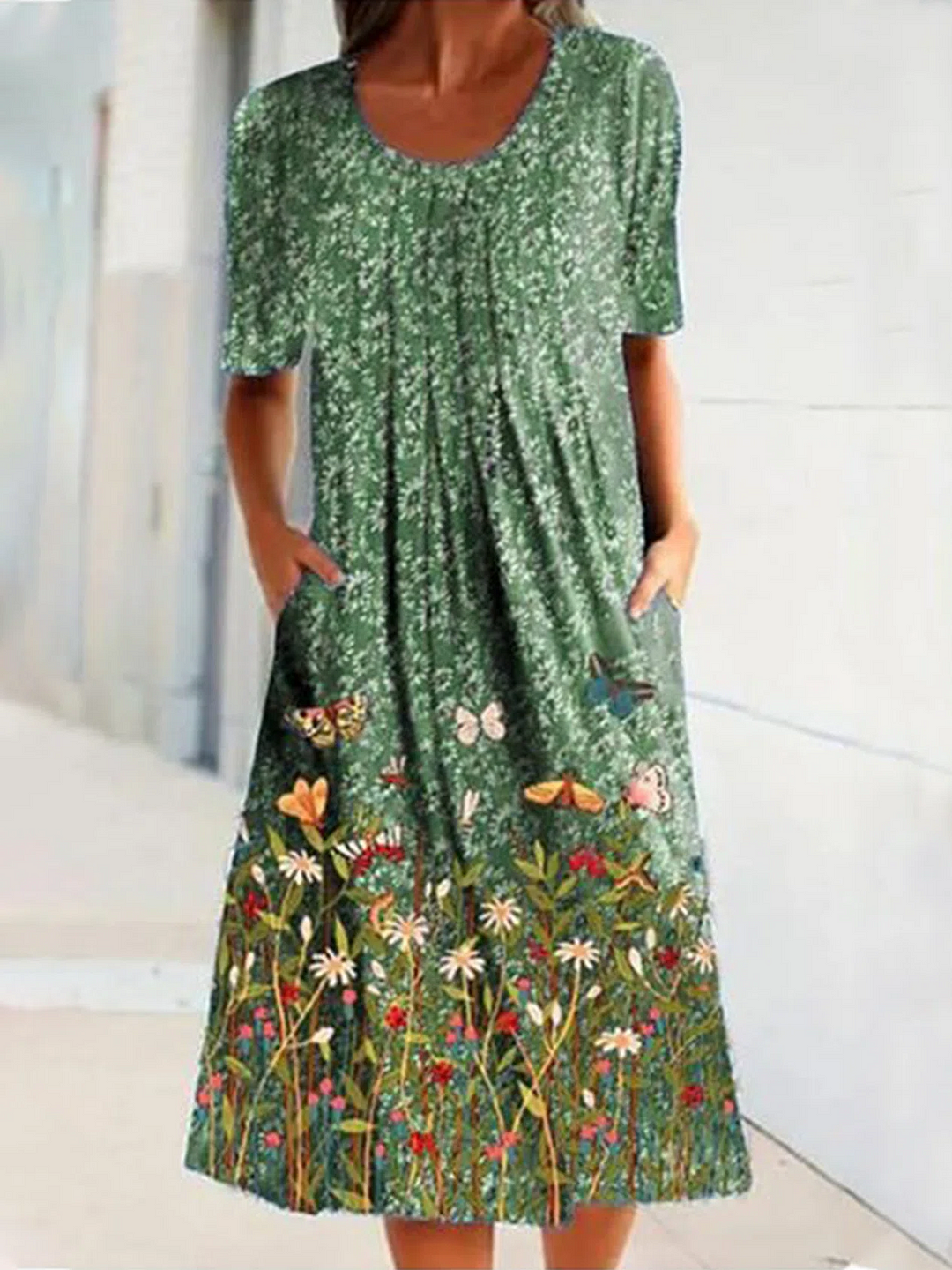 Short Sleeve Scoop Neck Floral Printed Midi Dress