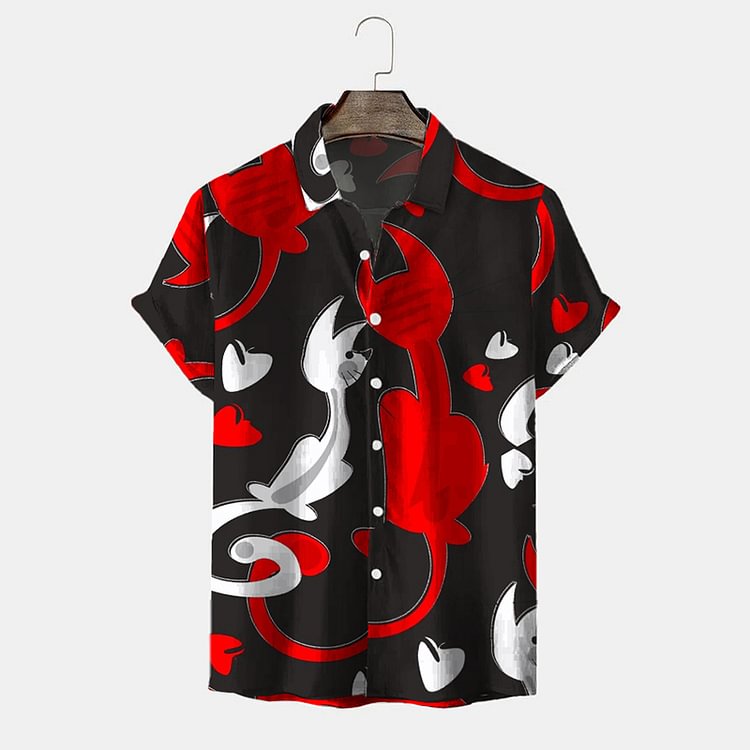 BrosWear Fashion Colorblock Cat Print Short Sleeve Shirt