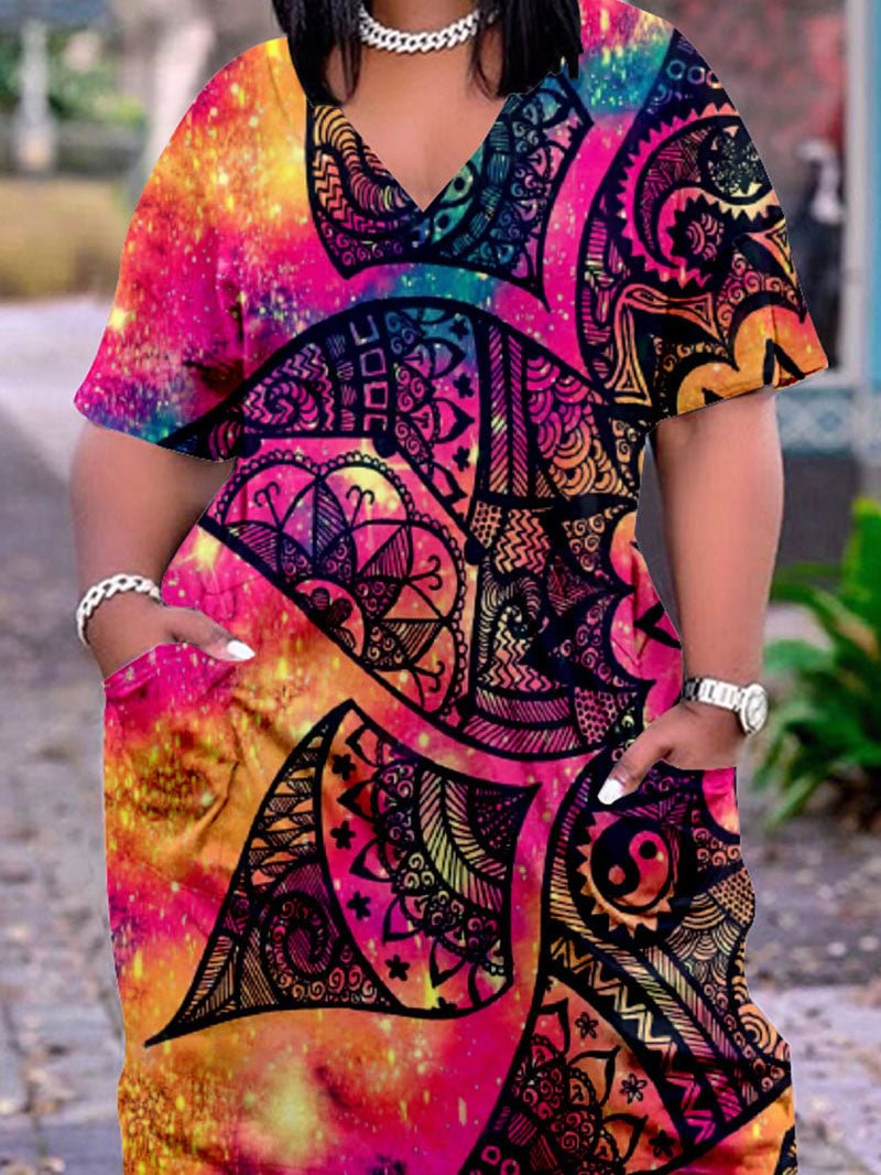 Colorful Painting Printing V-neck Casual Plus Size Dress With Pockets