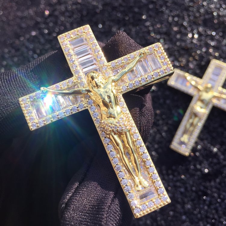 Jesus gold cross CZ iced out diamond pendant necklace