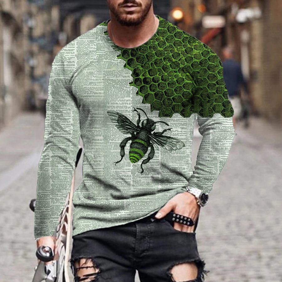 Long-sleeved Casual 3D Bee Printing Men's T-shirts-VESSFUL