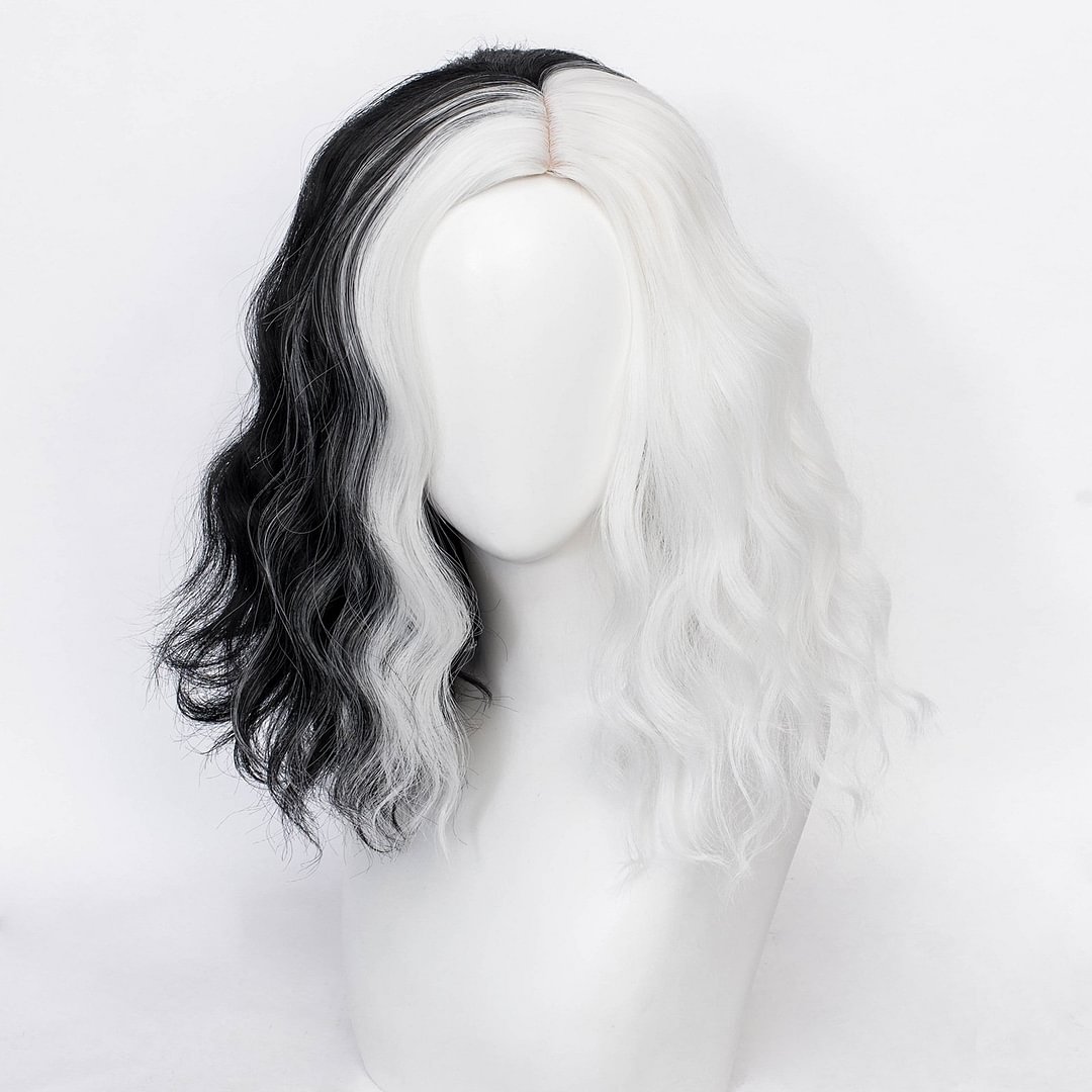 Ladies Cos Wig Black and White Witch Couyras Cruella Short Curly Hair-Corachic