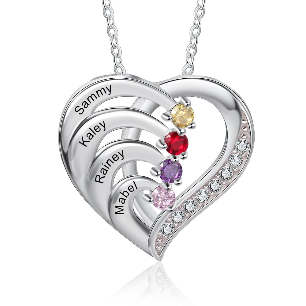 S925 Silber Personalisierte 4 Namen Herz Halskette mit 4 Geburtssteinen n4-b4 Kettenmachen