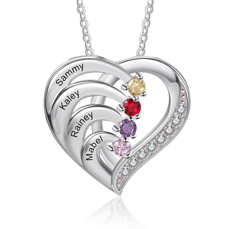 925 Sterling Silver Personalized Heart Necklace with 4 Name and 4 Birthstones