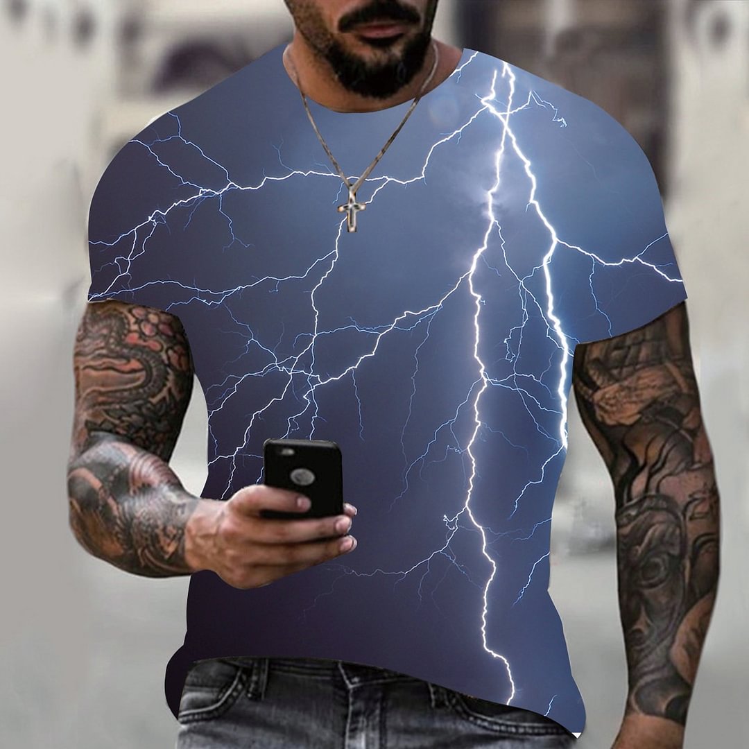 Lightning Pattern Casual Crew Neck Short Sleeve Summer Tops Men's T-Shirts-VESSFUL