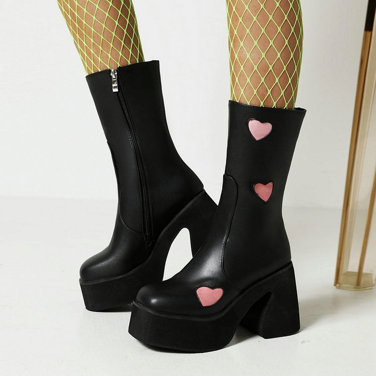 Sweet PU Platform Love Heart Shape Decoration Boots