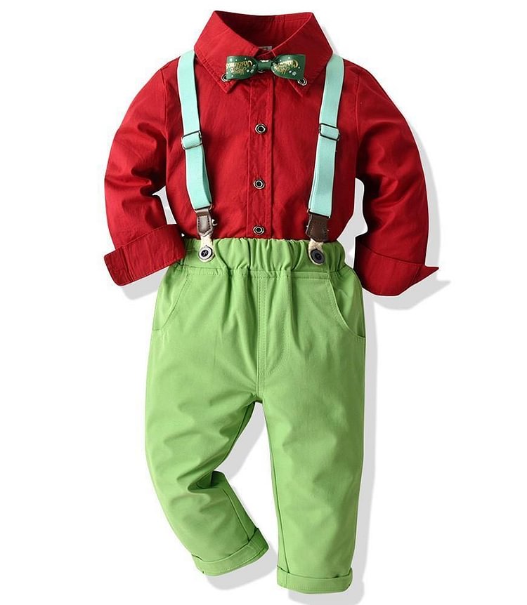 Boys Outfit Set Red Shirt With Bow Tie And Green Suspender Trousers-Mayoulove