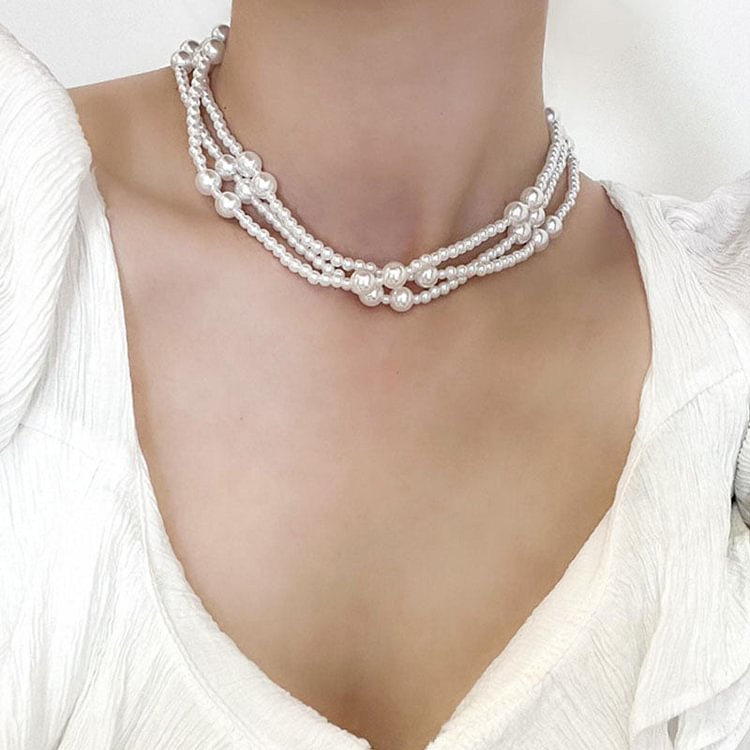 French Multi-layered Pearl Necklace Clasp Chain