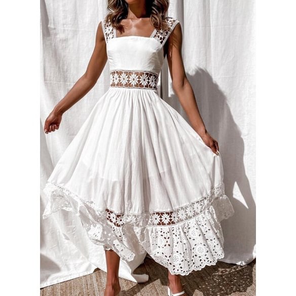 Women's White Hollow Out Summer Dress Sleeveless Lace Long Backless Elegant Summer Party Evening Women's Clothing