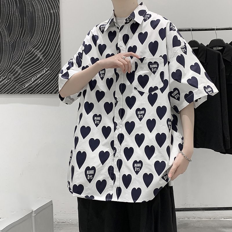 Harajuku Heart Print Drop Shoulder Loose Short Sleeve Shirt / Techwear Club / Techwear