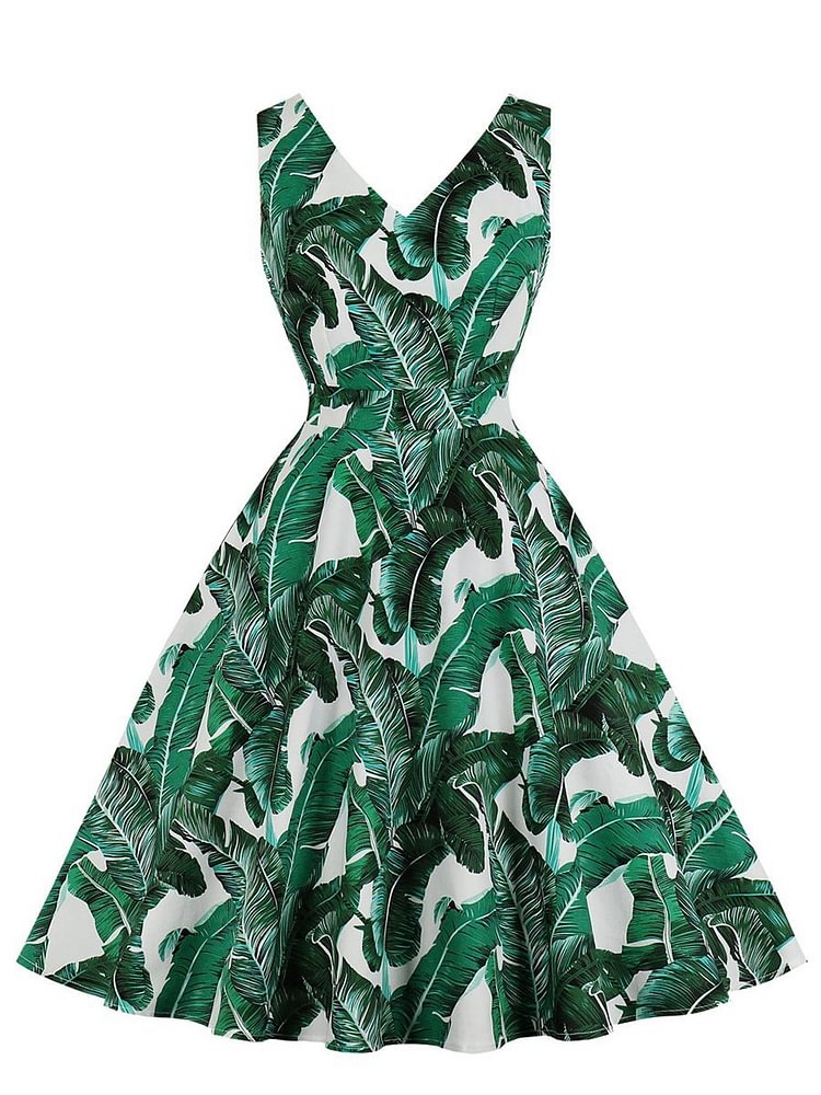 Mayoulove 1950s Dress Leaf Print V Neck Aline Dress-Mayoulove