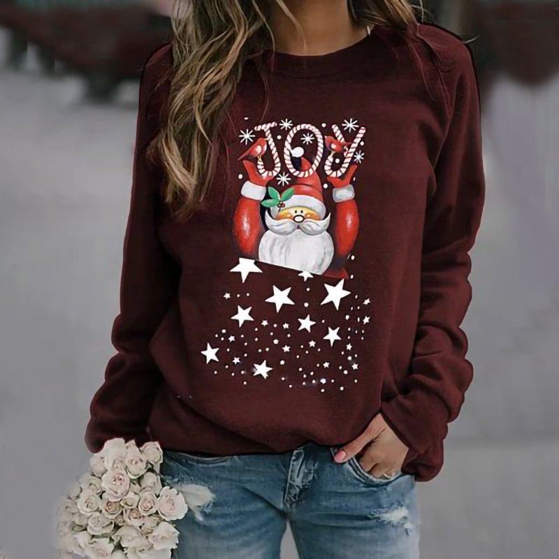 Adorable Santa Claus Stars Print Crew Neck Basic Sweatshirt