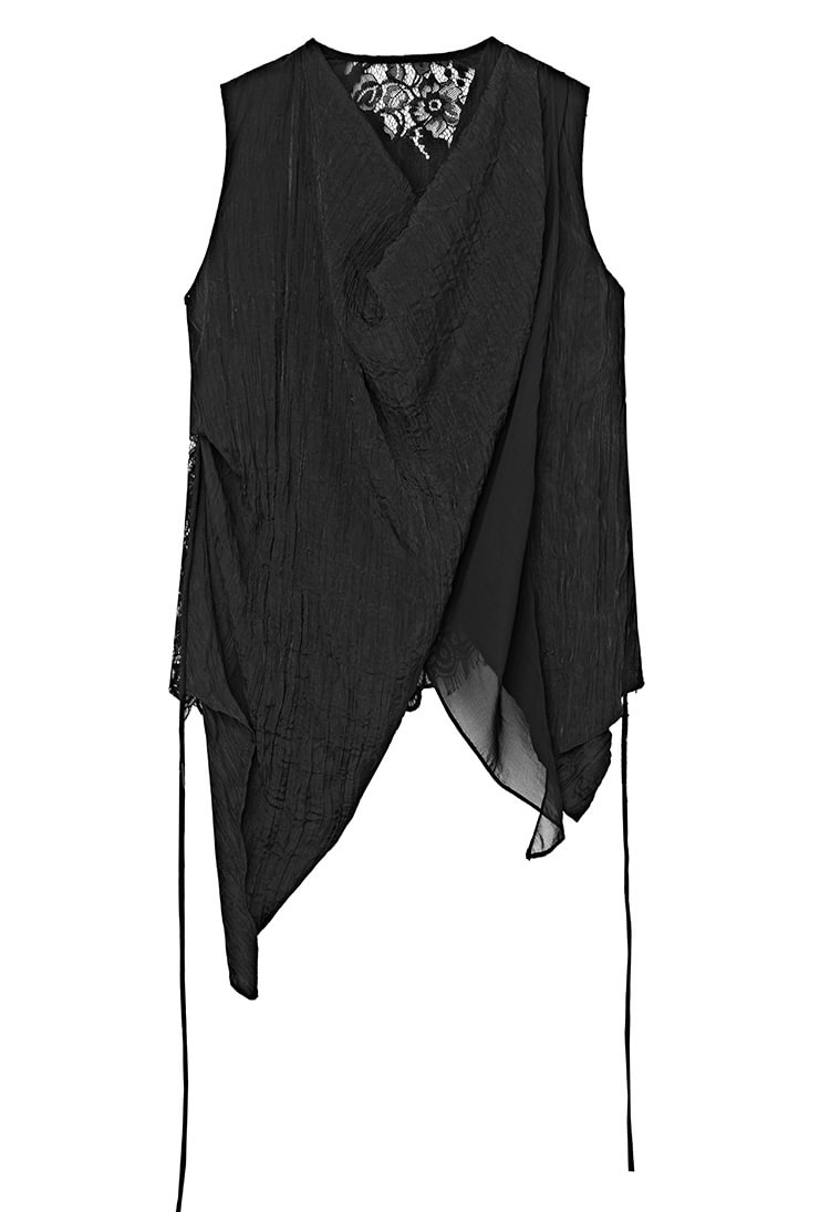 SDEER Irregular Lace Black Pleated Vest