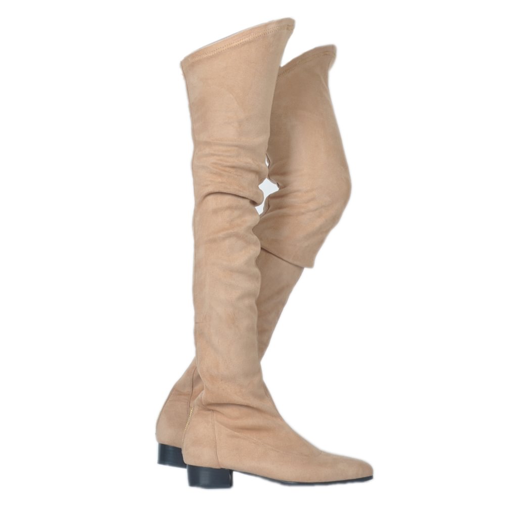 Women's Low Heels Zipper Above-Knee Boots Beige Suede-vocosishoes