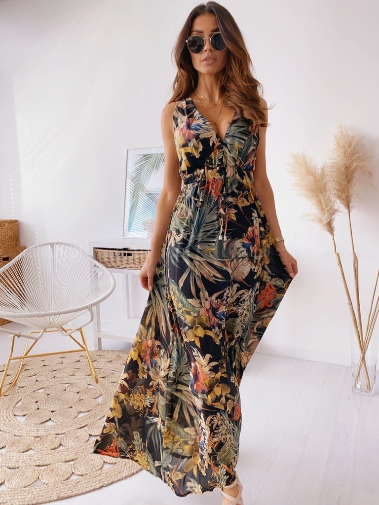 Tropical Print V-Neck Spaghetti Strap Maxi Dress-Corachic