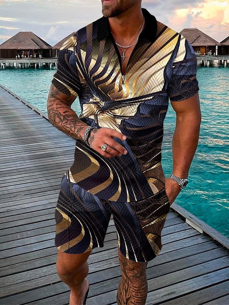 Men's Vacation Casual Printed Polo Suit