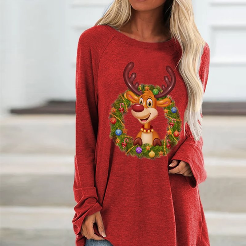 Red Long-sleeved Christmas Cute Elk Printed Women's T-shirt