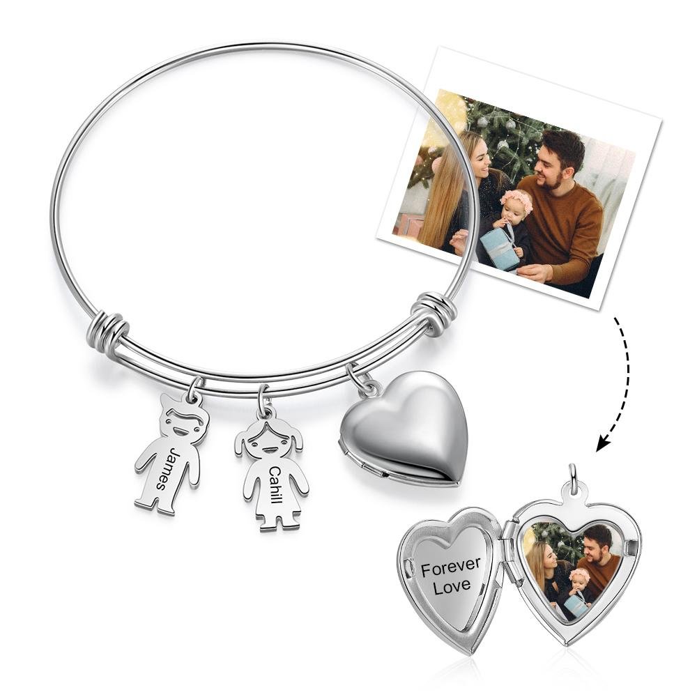 Personalized Bracelets with Heart Photo Pendant 2 Children Charms Engraved Names