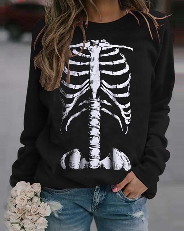 Halloween Skeleton Rib Print Sweatshirt-Mayoulove