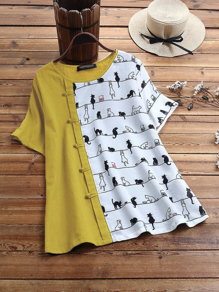 Women's Printed Chinese Style Buttons Casual Linen Tee