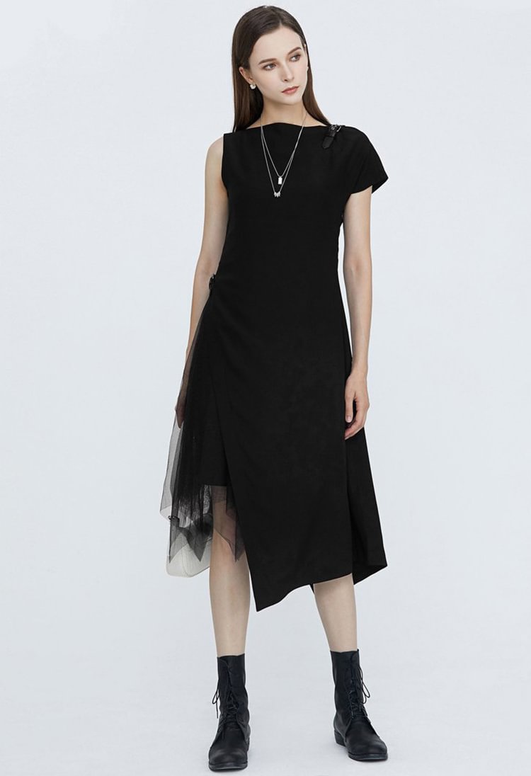 SDEER Asymmetrical dress with one-line neck mesh stitching
