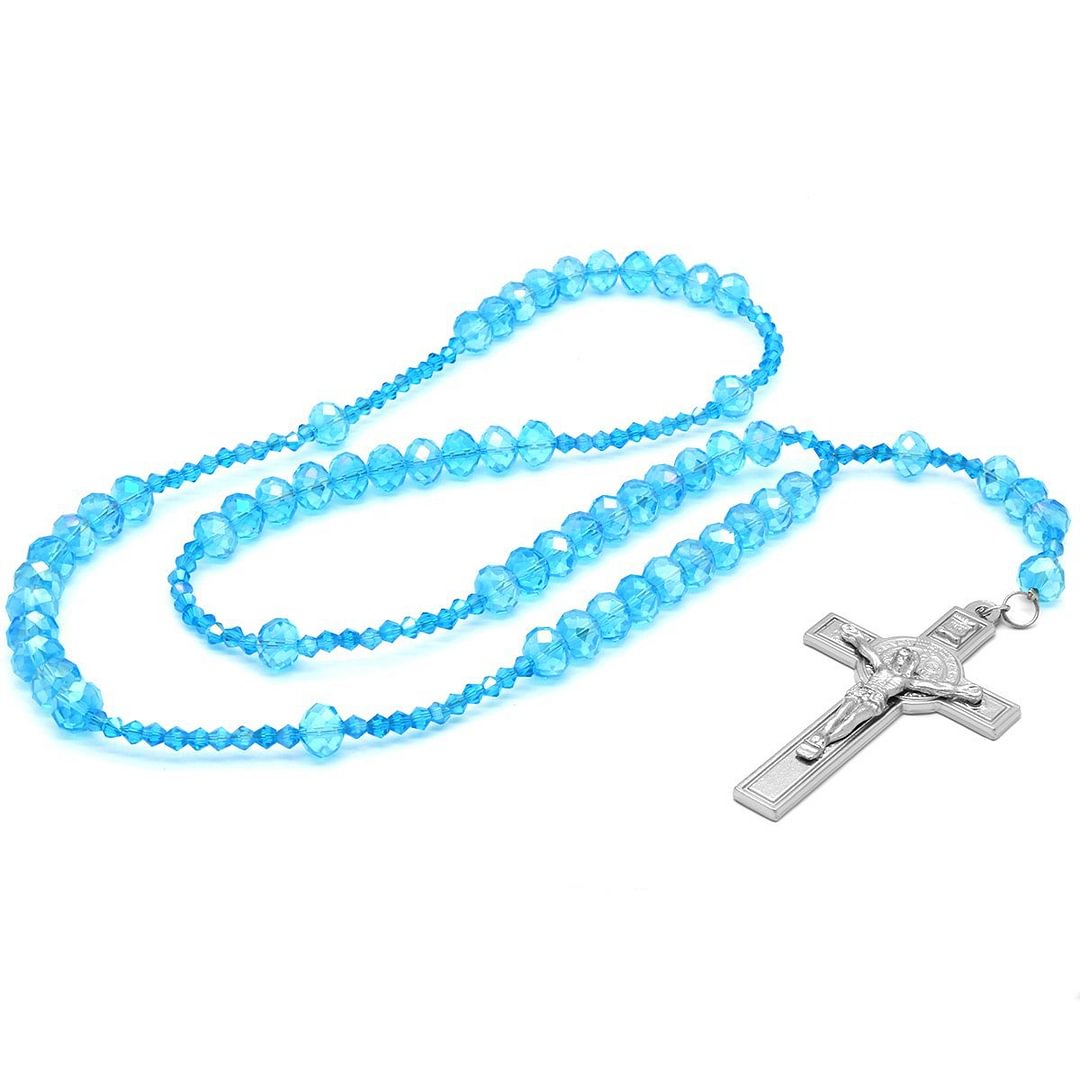 Sky Blue Crystal Line Rosary With Cross Pendant-VESSFUL