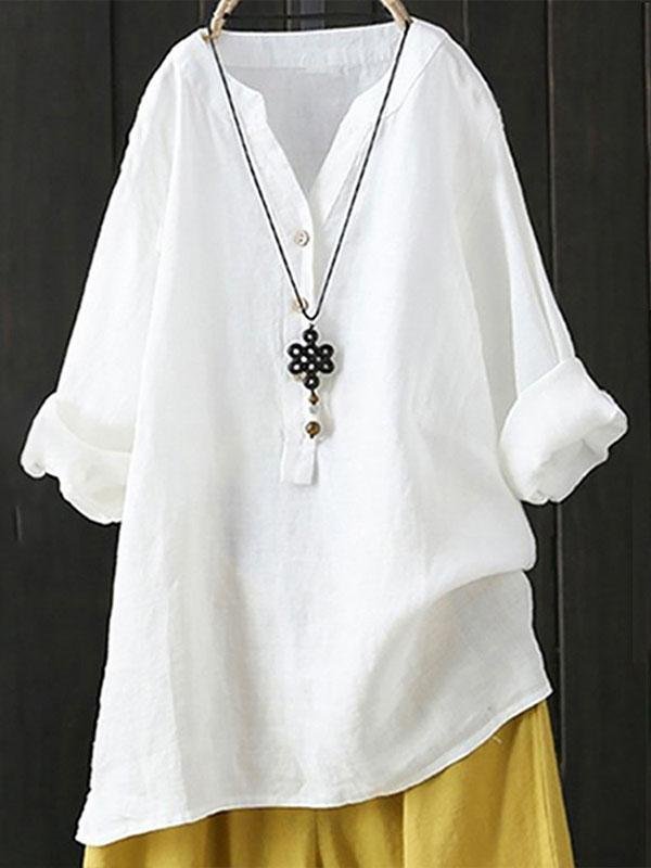 Women's Cotton&Linen V-neck Plus Size Shirt-4color,8size-Mayoulove