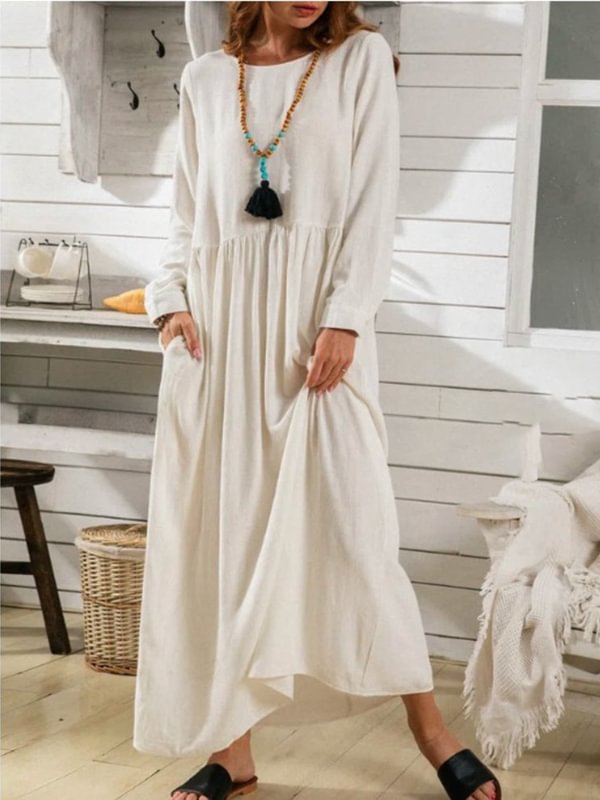 Elegant Solid Color Long Sleeve Cotton Dress