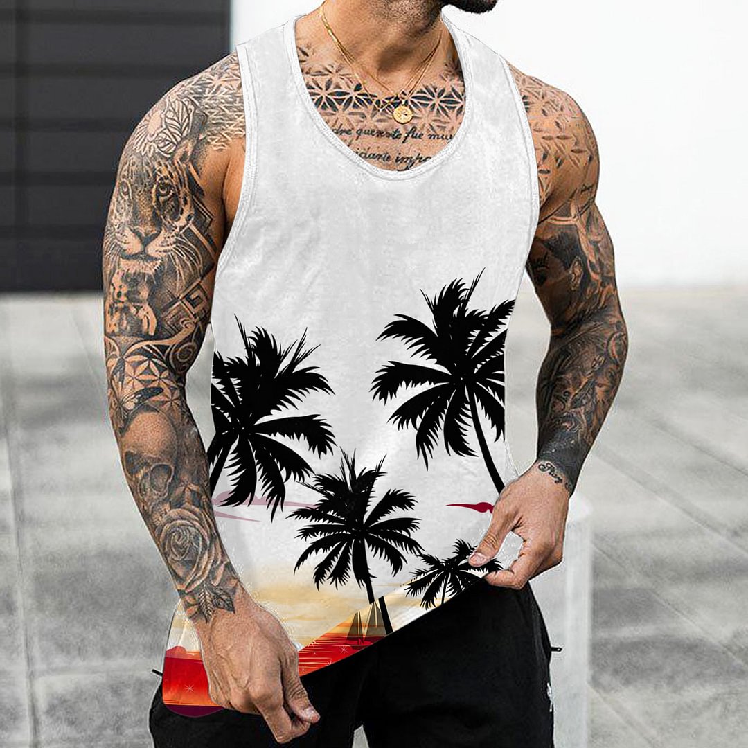 Hawaii Palm Tree Printed Sleeveless Casual Men's Beach Tank Tops-VESSFUL