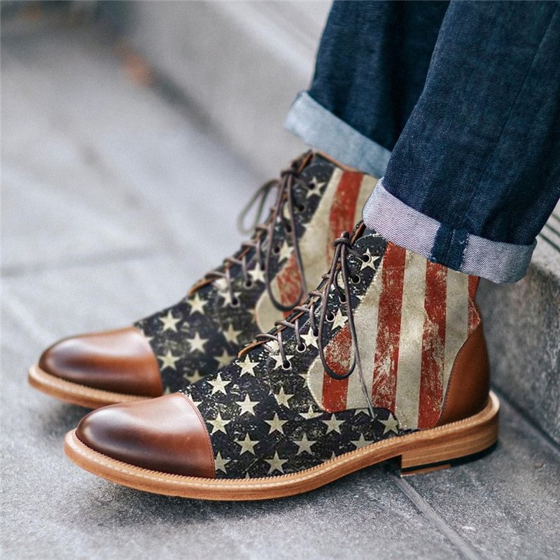 Flag five-pointed star striped printed nobby laced men's boots - Krazyskull