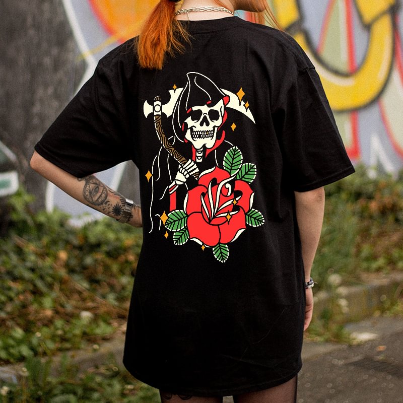 Grim Reaper Floral Printed Oversized Women’s T-shirt - Krazyskull
