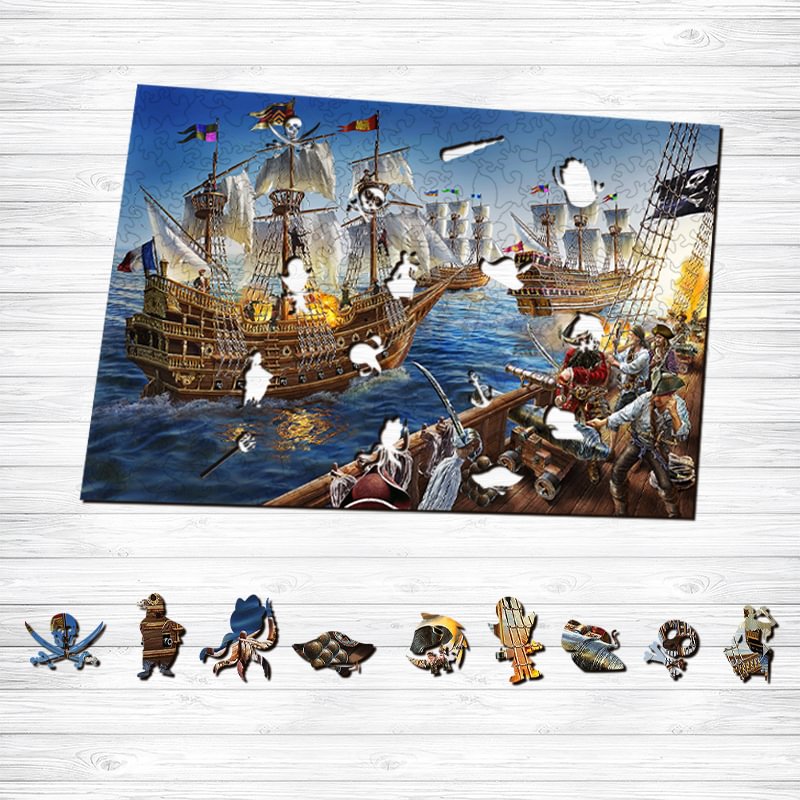 JEFFPUZZLE™-JEFFPUZZLE™ Pirates Battleship Wooden Puzzle