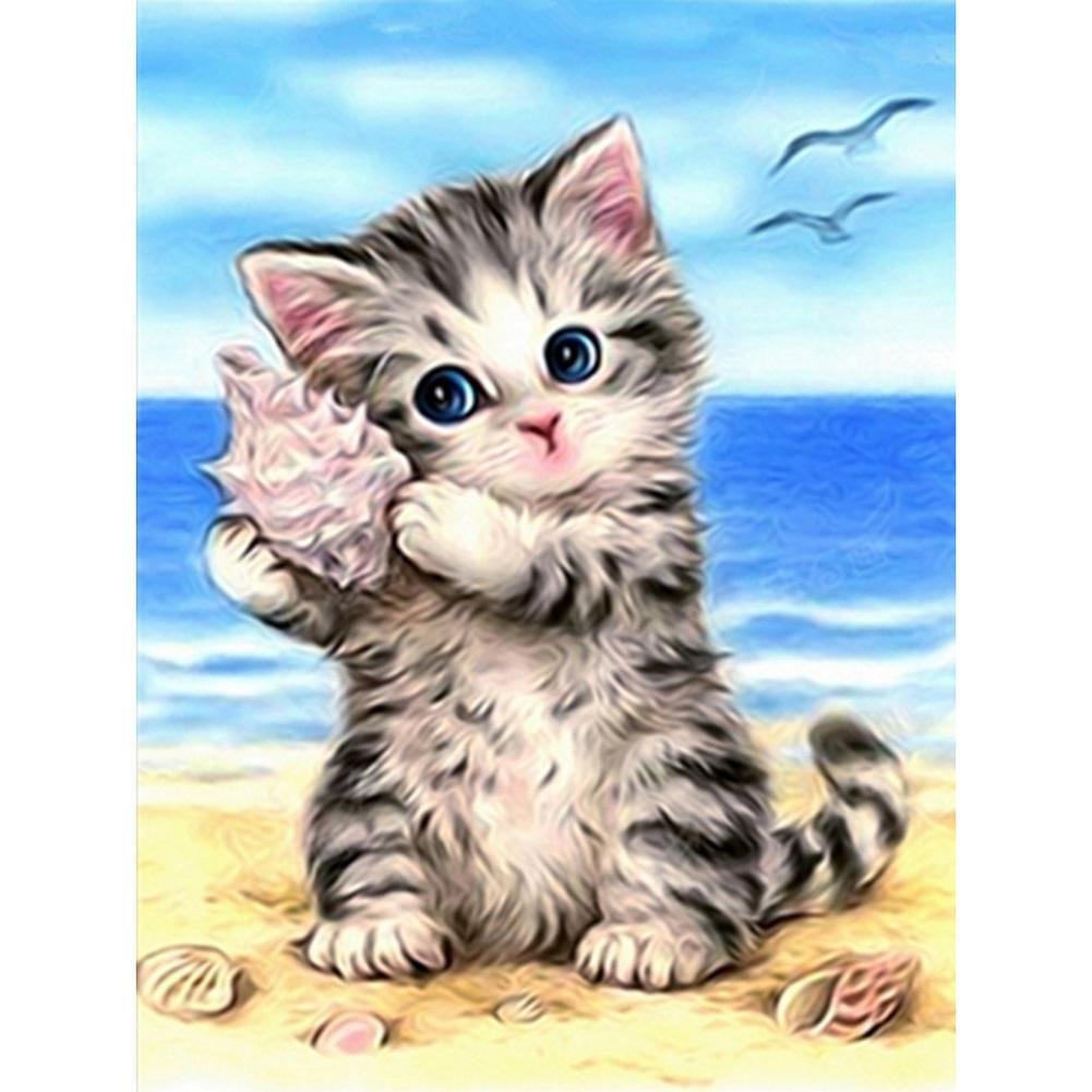 Peinture de diamant - rond partiel - chat dans le bord de mer