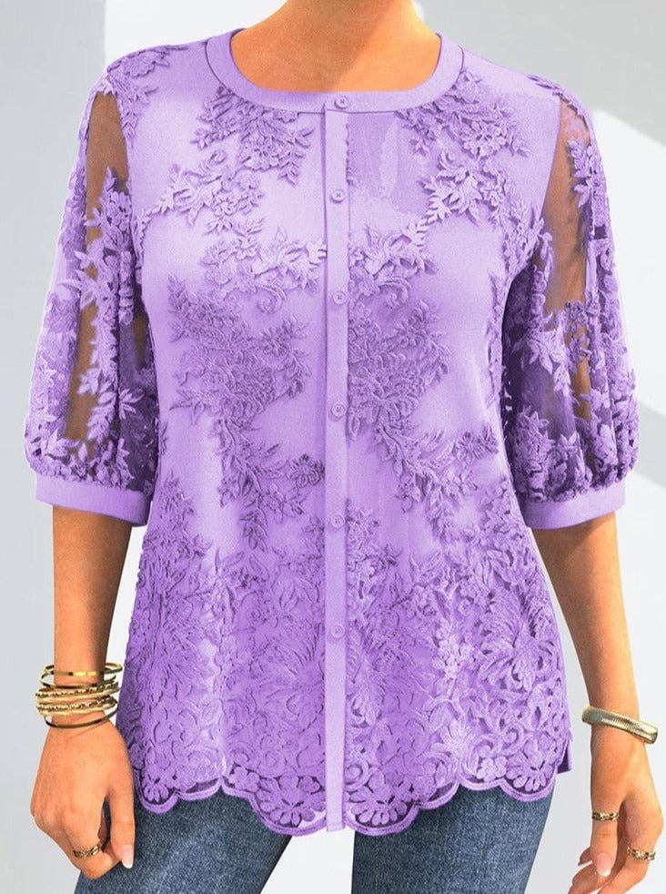 Button Up Mesh Sleeve Embroidered Blouse