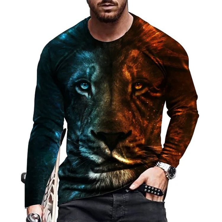 3D Print Lion Animal Casual Print Long Sleeve Men's T shirts