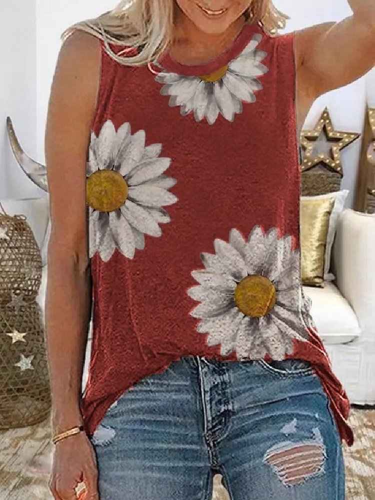 Plus Size Casual Sleeveless Crew Neck Floral Print Top-Mayoulove