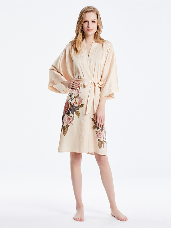 19 Momme Floral Kimono Loose Silk Robes-Real Silk Life