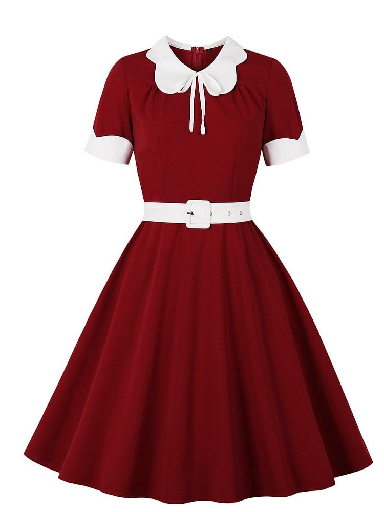 Mayoulove 1950s Dress Vintage Bow Neck Short Sleeve Tie Waist Swing Dress-Mayoulove