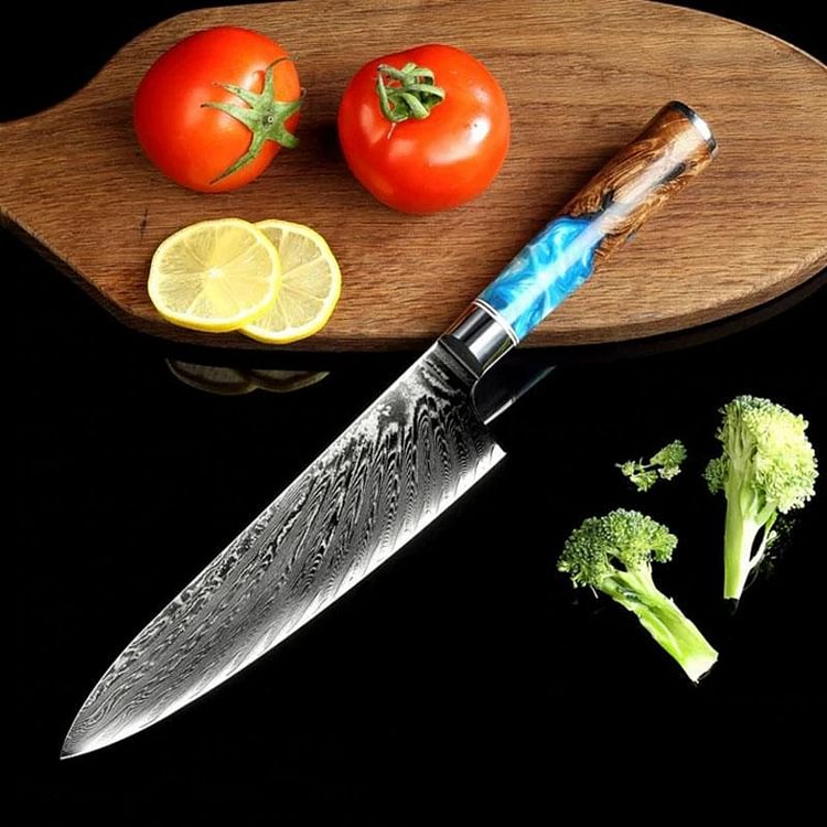steel 8 chef knife with blue resin handle