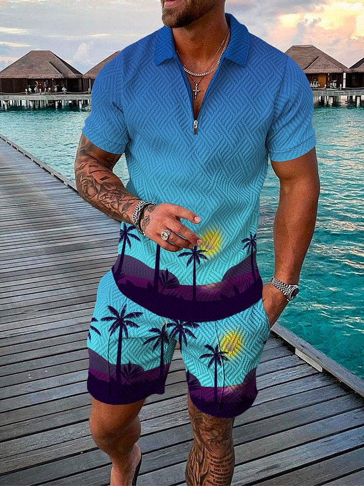 Men's Seaside Coconut Print Blue Polo Suit