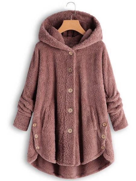 Mayoulove Button solid color warm coat with hood-Mayoulove