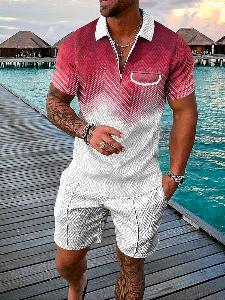 Men's Casual Vacation Contrast Color Pocket Printing Polo Suit