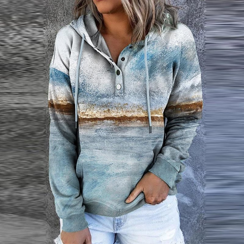 Buttoned Design Drawstring Landscape Print Hooded Sweatshirt