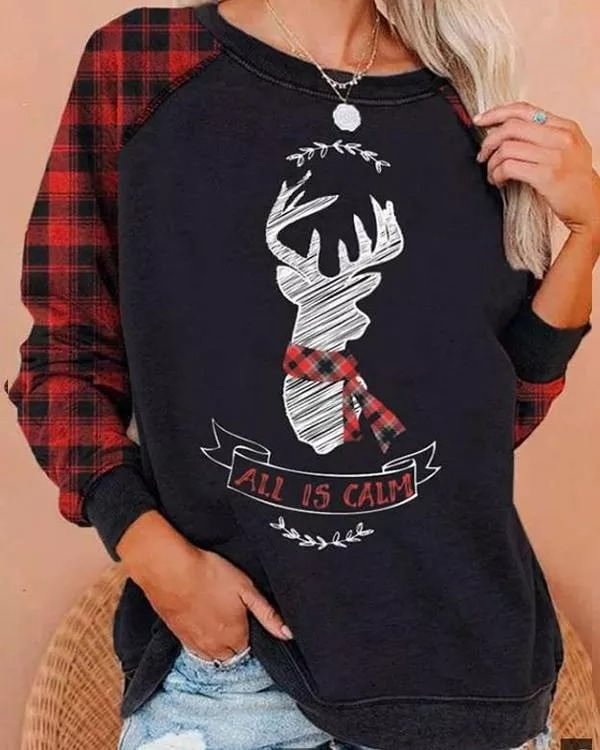 All Is Clam Christmas Deer Tartan Check Print Retro Sweatshirt