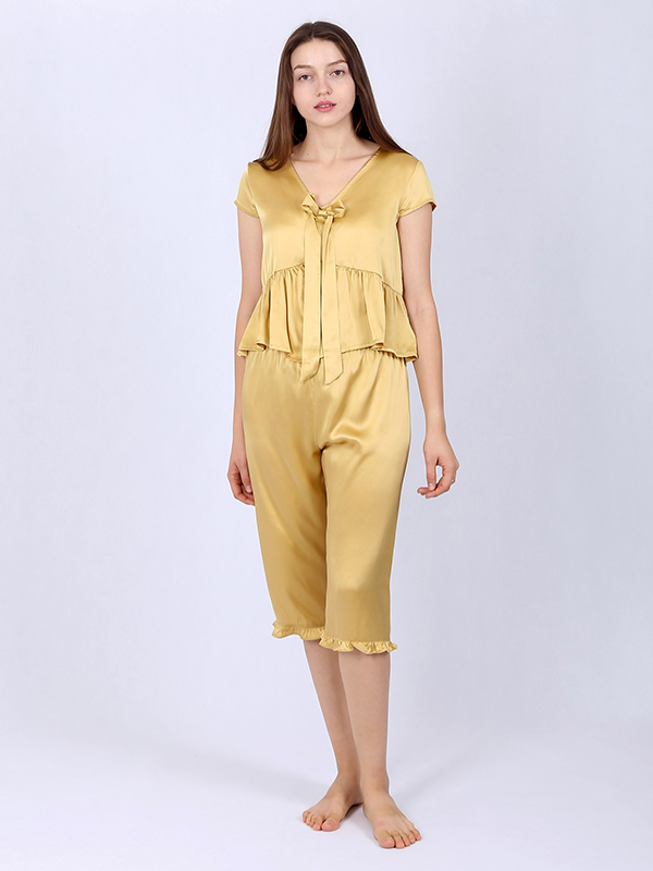 22 Momme Gold Women's Silk Pajamas With Bowknot-Real Silk Life