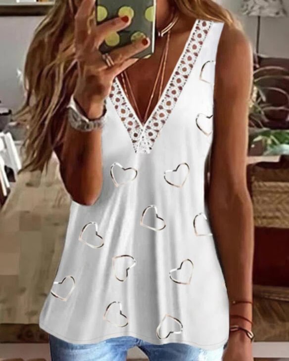 Casual Heart Lace Sleeveless V Neck Plus Size Printed Knit Tank