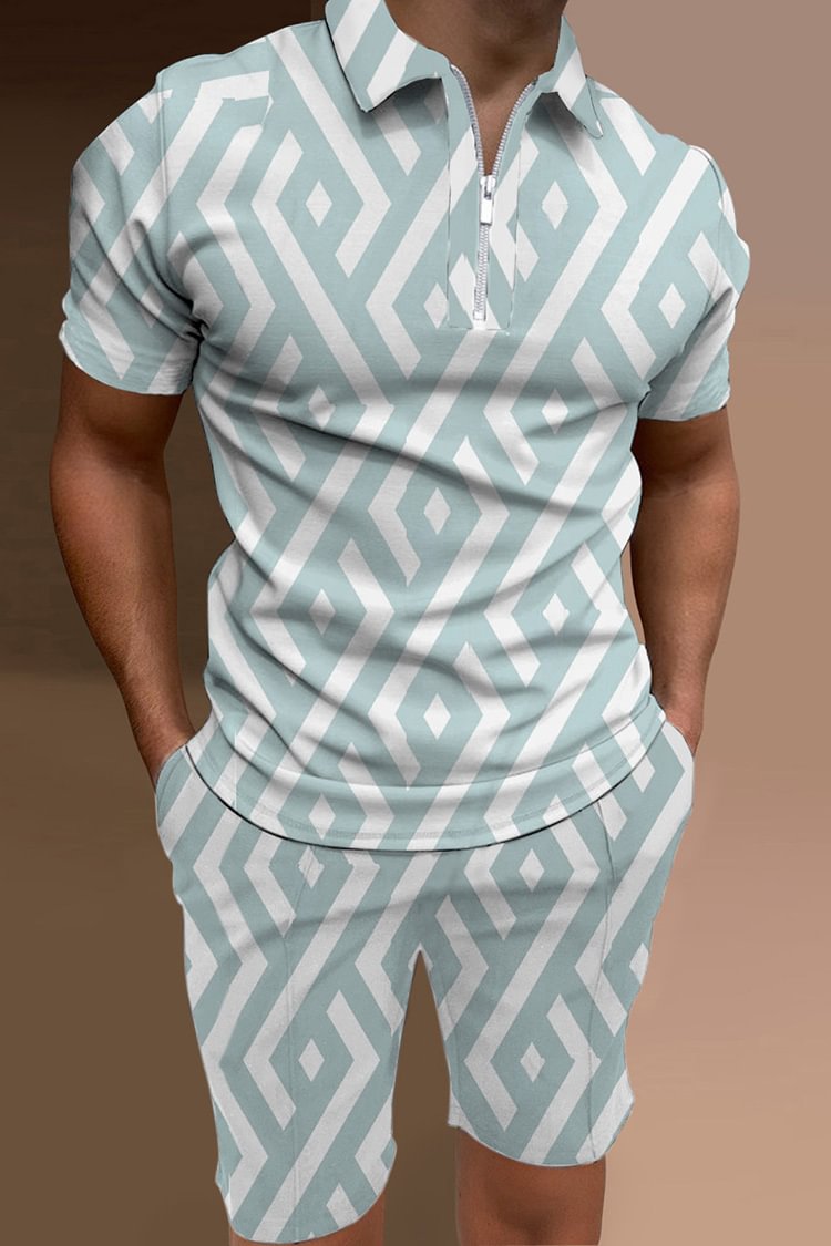 Tiboyz Outfits Trendy Geometric Polo Shirt And Shorts Two Piece Set