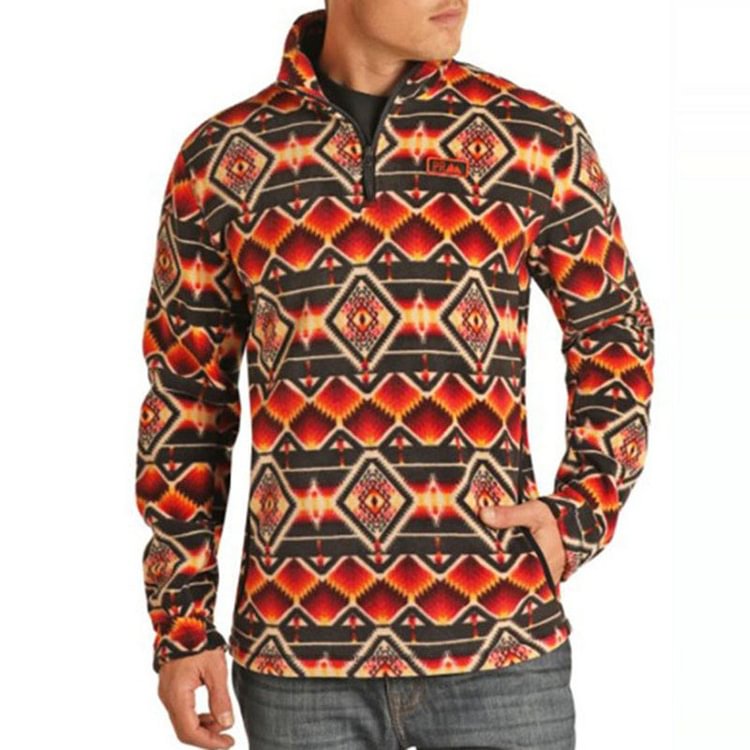 BrosWear Orange Half Zip Western Print Sweatshirt